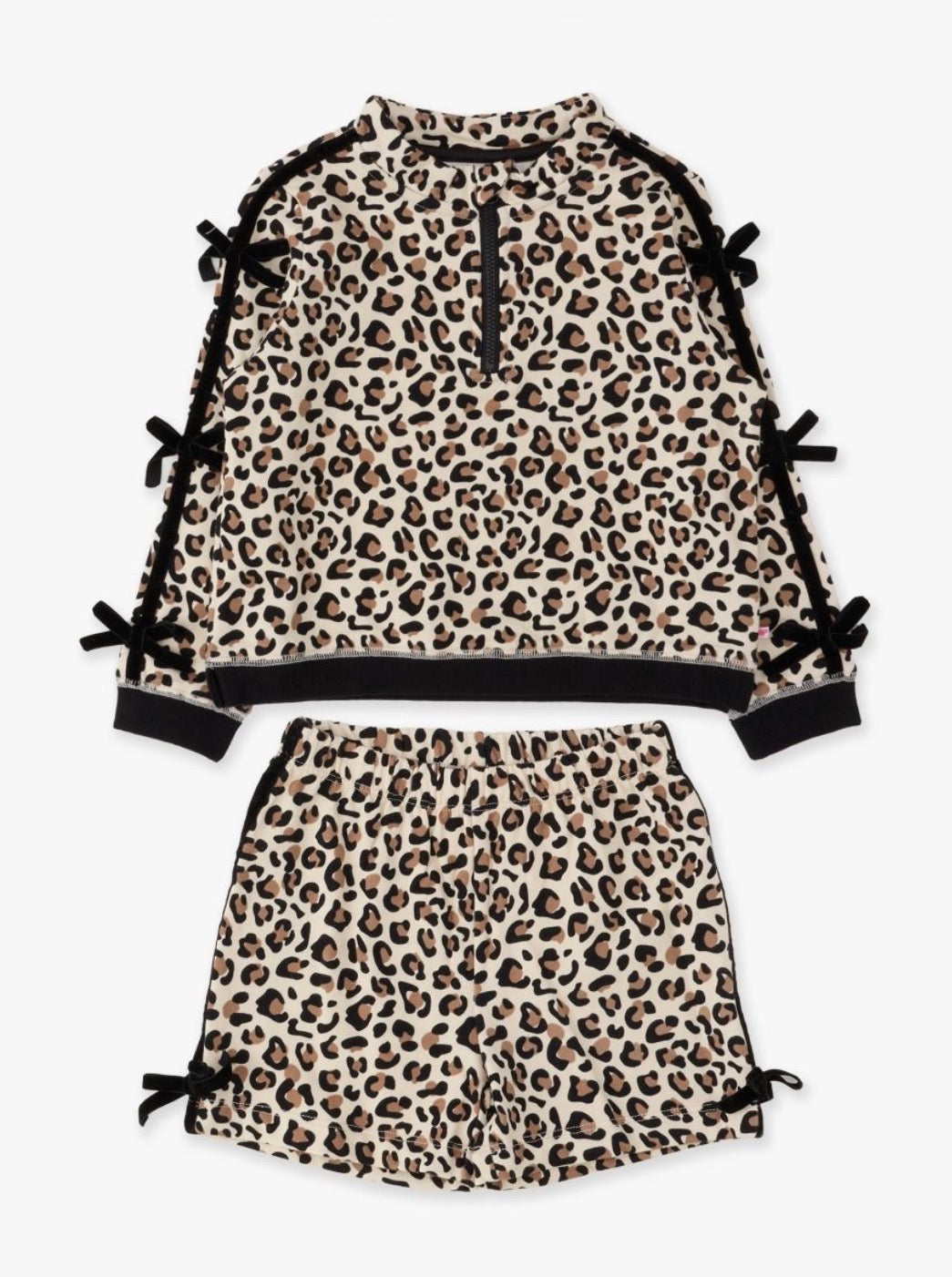 Classic Leopard Fleece Bow Quarter Zip & Shorts Set