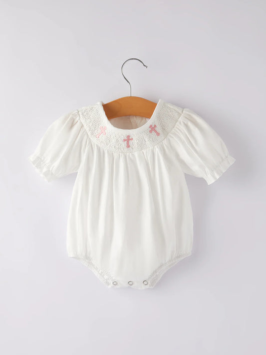 White Smocked Christening Romper