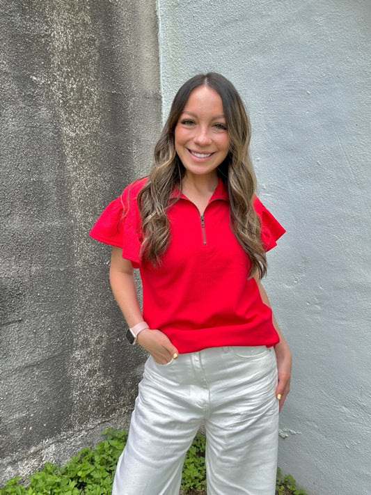 Red Flutter Sleeve Quarter Zip
